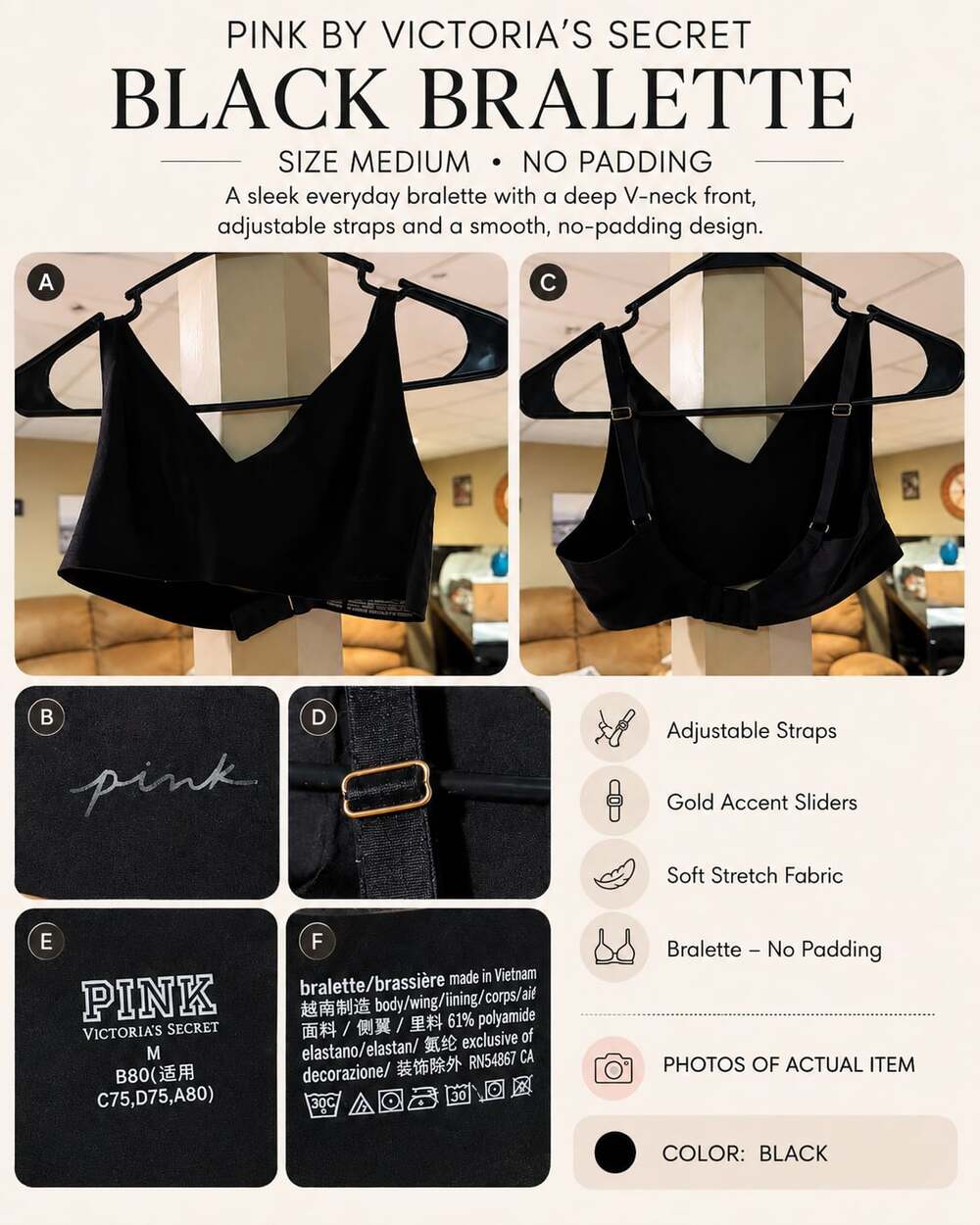 PINK by Victoria's Secret Black Bralette Size Medium No Padding